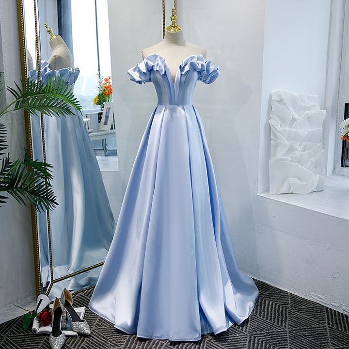 ラッフルフリル デザインドレス スカイブルー【着後ﾚﾋﾞｭｰ特典】深いVネックのねくしーな胸元にボリュームフリルが豪華で華やかなオフショルダー Aラインドレス お色直し カラードレス クラシカル 袖有 半袖 ロングドレス 水色 華やか ロング パーティードレス｜ファクトリーダイレクト・ラボ 17,138円