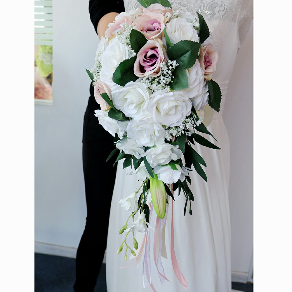 格調高い キャスケード ブーケ 結婚式 バラ 薔薇 葉 ウエディングブーケ 造花 シルクフラワー ガール 花束 フラワー ギフト インテリア おじゃれ 結婚式 バラブーケ 造花 手作り ドライフラワー ブートニア 花束