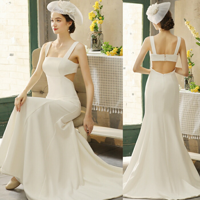 ウエディングドレス スレンダーライン フィッシュテール バックシャン シンプル サイズs Xl海外ウエディング 発表会 結婚式 パーティー ロング 二次会