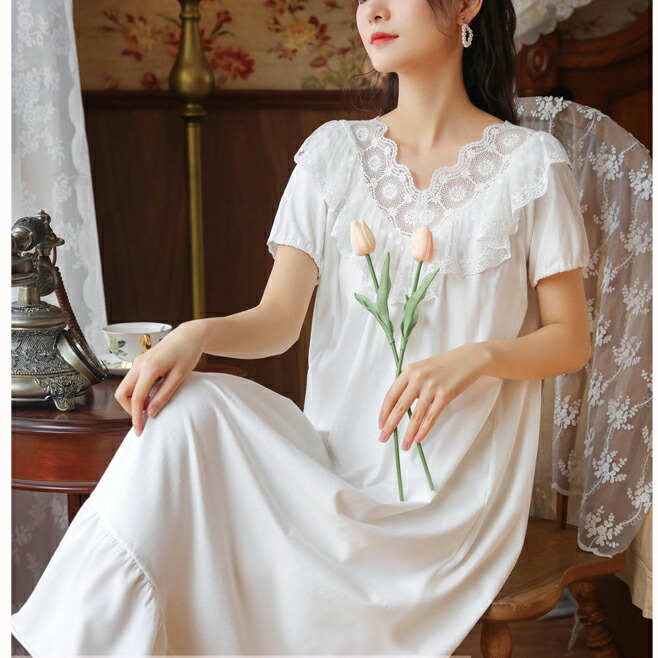 レトロ レース 甘い ネグリジェ 半袖コットン ナイトドレス 女性 夏の宮殿プリンセス パジャマ 部屋着 プレゼント ギフト 結婚祝い Andapt Com