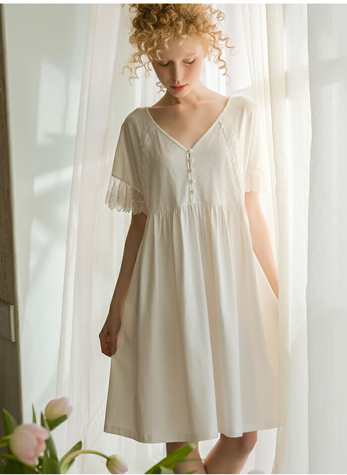 大人かわいい レトロレース 半袖 無地 コットン ネグリジェ かわいいプリンセス 綿 ギフト プレゼント 白 Salon Raquet De