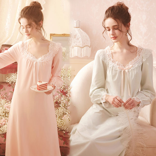 大人フェミニン エレガント ネグリジェ 胸元リボン レース ロング パジャマ 姫系 ナイトウェア ルームウェア 長袖 痩せ見せ 寝巻 部屋着 女の子 ワンピース 婦人 女性 3色 Factor100 Co Il