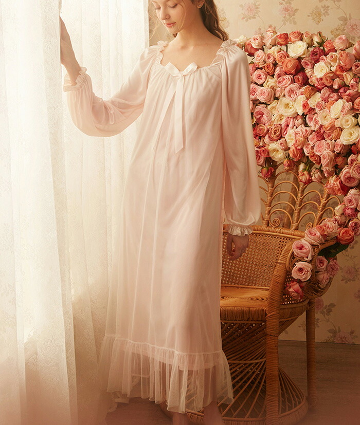 大人可愛い ネグリジェ リボン付き ロング パジャマ 姫系 ナイトウェア ルームウェア 長袖 痩せ見せ 寝巻 部屋着 女の子 ワンピース 婦人 女性 Brocamarketing Com