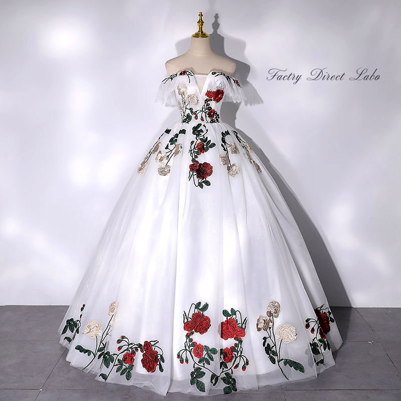 カラードレス パーティードレス 衣装【着後ﾚﾋﾞｭｰ特典】 刺繍 クラシカル 花柄 白 ホワイト 二次会ドレス イブニングドレス ステージドレス カクテルドレス イベント コンサート衣装 おしゃれ カジュアル 衣装 公演 ステージ衣装 演奏会 発表会 コンサート【cd2086】｜ファクトリーダイレクト・ラボ