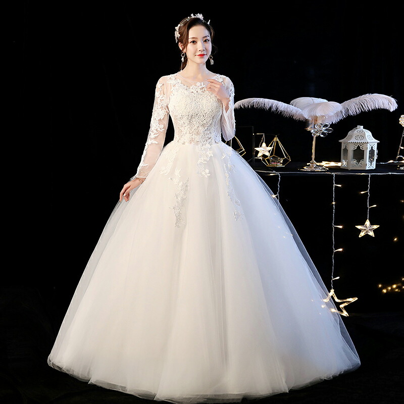 公式 多重チュールと上質な刺繍がエレガント ウェディングドレス プリンセスライン 長袖 袖 袖あり トレーン 結婚式 花嫁 インポート 海外挙式 大きいサイズ ブライダル パーティ 発表会 前撮り ウエディングドレス Fucoa Cl