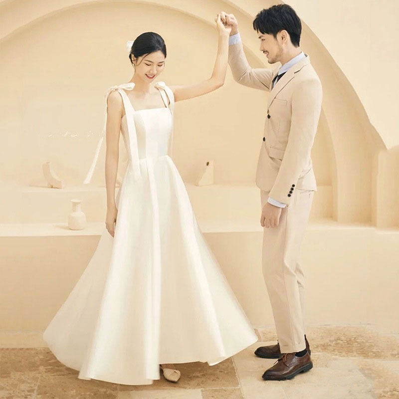 リボン ブラック ウェディングドレス エレガント 韓国 M 結婚式 前撮り 2次会 ウェディング ドレス ブラックドレス