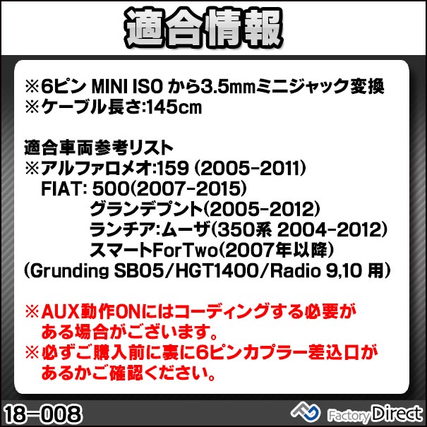 楽天市場 Dm便発送可 Ca 18 008a Aux変換取り出しハーネスケーブル アルファ159 フィアット500 ランチアムーザ 6ピンから3 5mmミニジャック変換 車 オーディオ カーオーディオ ハーネス ケーブル 変換ケーブル Auxケーブル ファクトリーダイレクトjapan