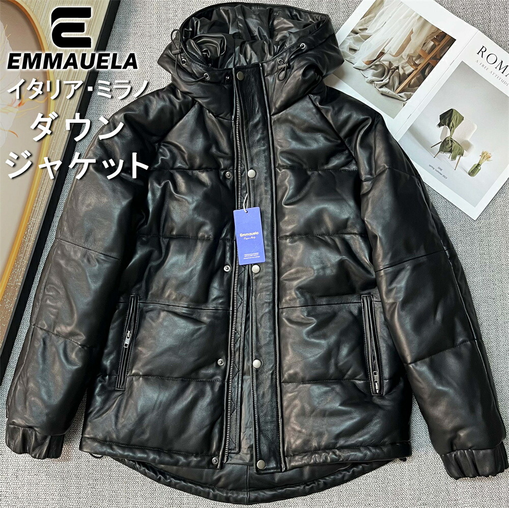 レザー ダウンジャケット EU製 Emmauela イタリア ミラノ発 上級羊革 シープスキン レザー グースダウン90％ 防寒 ライダース アウトドア 革ジャン レザージャケット ジャケット コート バイク用 ストリート 防寒対策 メンズ 紳士 冬