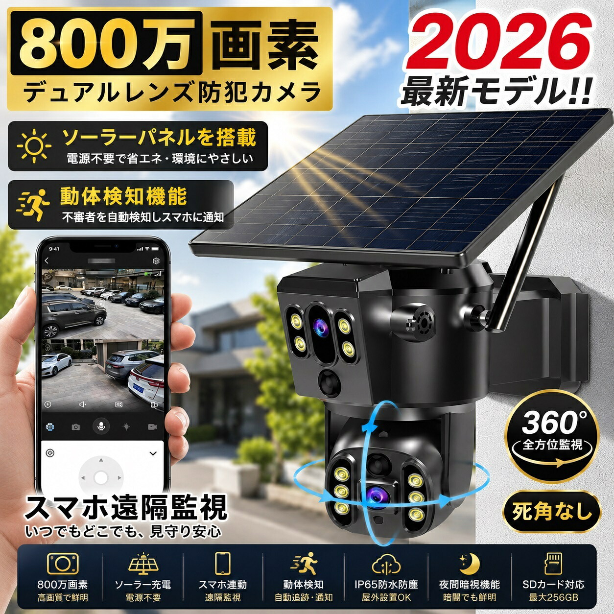 防犯カメラ 500万画素 ソーラー 屋外 WiFi ワイヤレス監視カメラ 配線不要 電源不要 ネットワークカメラ 夜間カラー撮影 人感センサー 動体検知 双方向通話 遠隔監視 防水 家庭用｜ファファショップ 12,586円