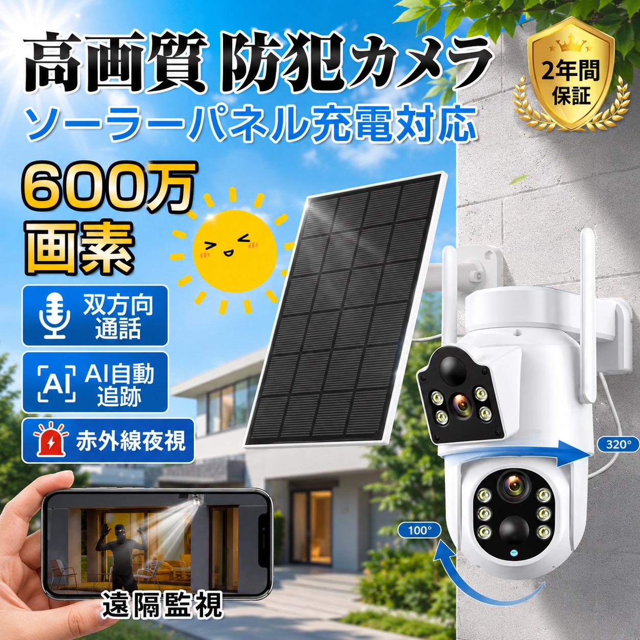 【2026新登場】防犯カメラ 屋外 WiFi ソーラー 600万画素 ワイヤレス監視カメラ デュアル画面 デュアルレンズ 自動追跡 人体検知 動体検知 夜間カラー撮影 赤外線暗視 遠隔監視 スマホ対応 防水防塵 工事不要 家庭用 業務用|ファファショップ