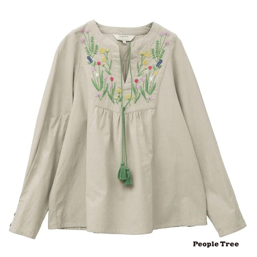 [新作] People tree 手織りオーガニックコットン フラワー手刺繍 ペザントブラウス セージグレイ（M／L）【ピープルツリー】 12,540円
