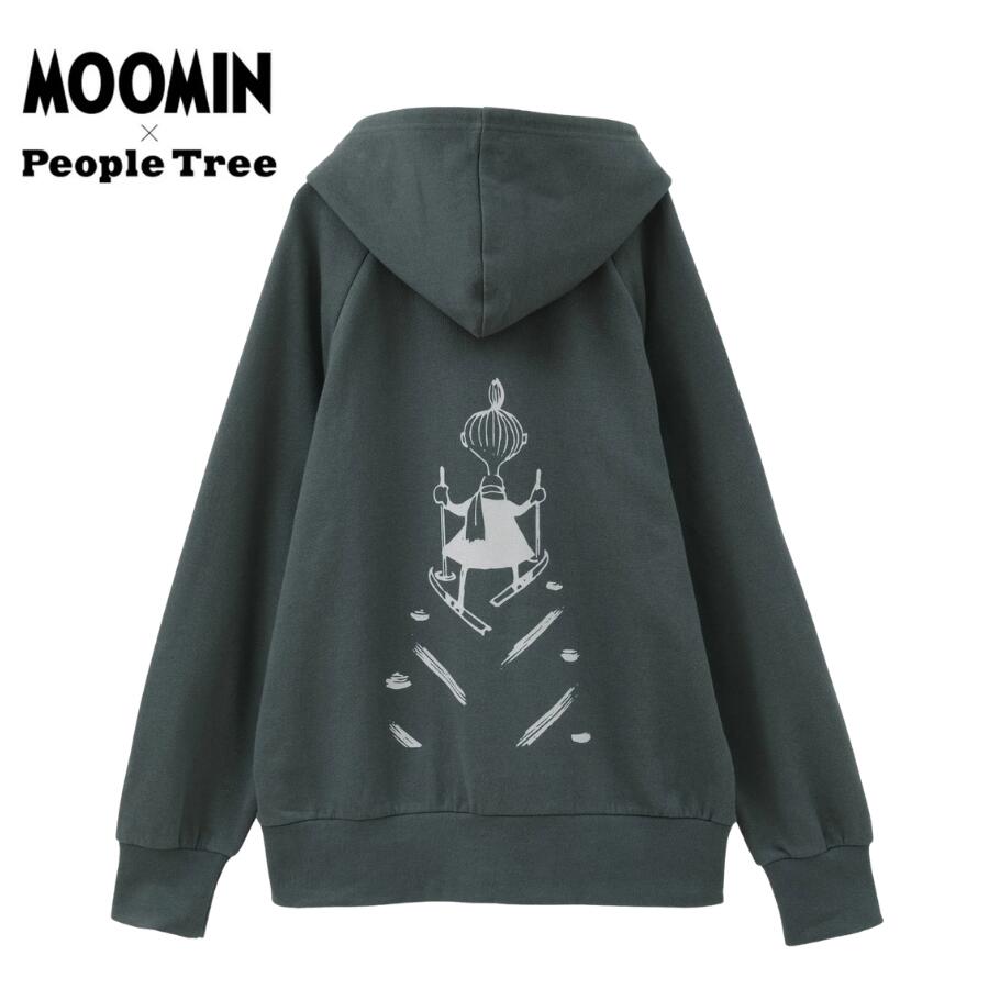 [新作] People Tree ムーミン オーガニックコットン ユニセックス裏毛フーディー・グレイ系・スキーするミムラねえさんバックプリント（M／L）【ムーミンシリーズ】