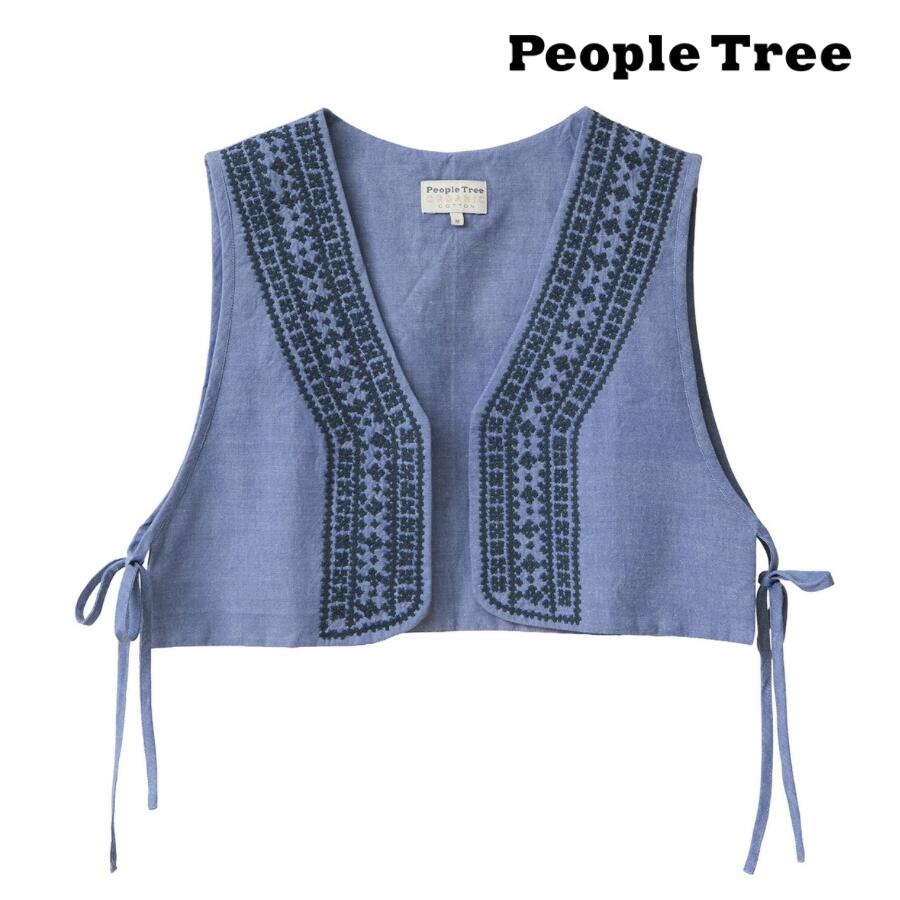 [新作] People tree 手織りオーガニックコットン バワリヤ刺繍ベスト・ブルー（M）【ピープルツリー】