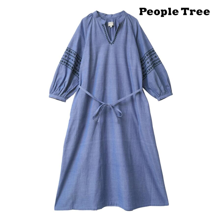 [新作] People tree 手織りオーガニックコットン バワリヤ刺繍ワンピース・ブルー（M）【ピープルツリー】