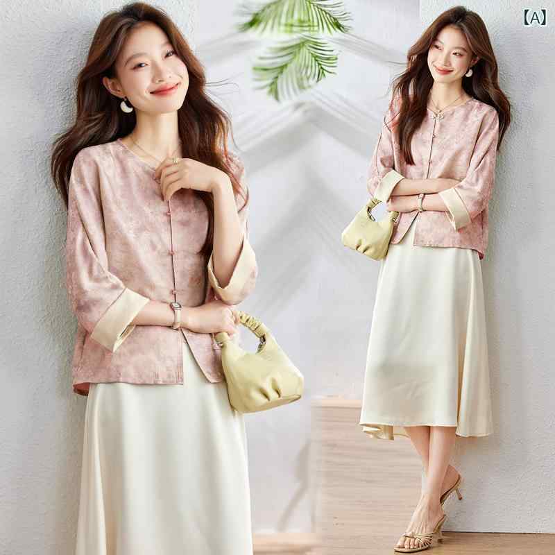 ブラウス 夏 中国風 盤扣 人工シルク 提花柄 リバーシブル ゆったり ワイドスリーブ カジュアル トップス 軽量 吸湿速乾 シルエット