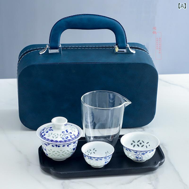 茶具セット 染付 陶器 セラミック 旅行用 携帯型 軽量 ポータブル コンパクト ビジネス 手土産 蜂の巣 カップ 蓋碗 家用 茶碗 耐久性 保温性 高級感 伝統柄 日常使い