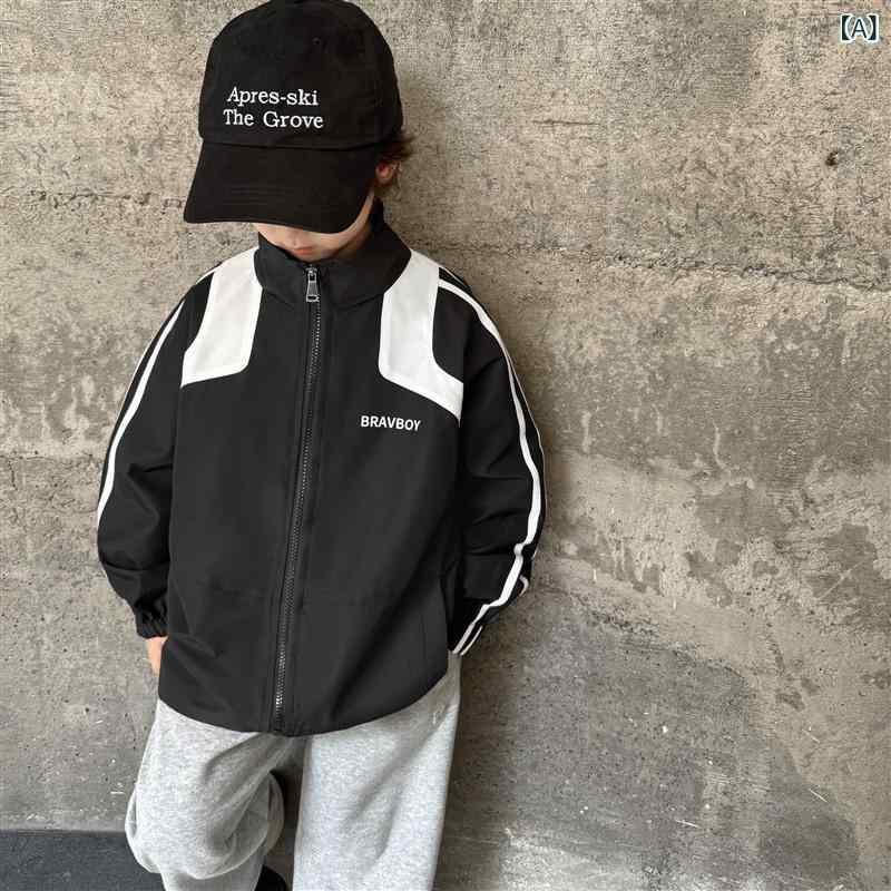 キッズ 男の子 春秋 ジャケット ピンカラー アウター 韓国 ストリート 子供服 中大 軽量 伸縮性 通学用 普段使い 綿混 ビッグシルエット ブラック グレー系