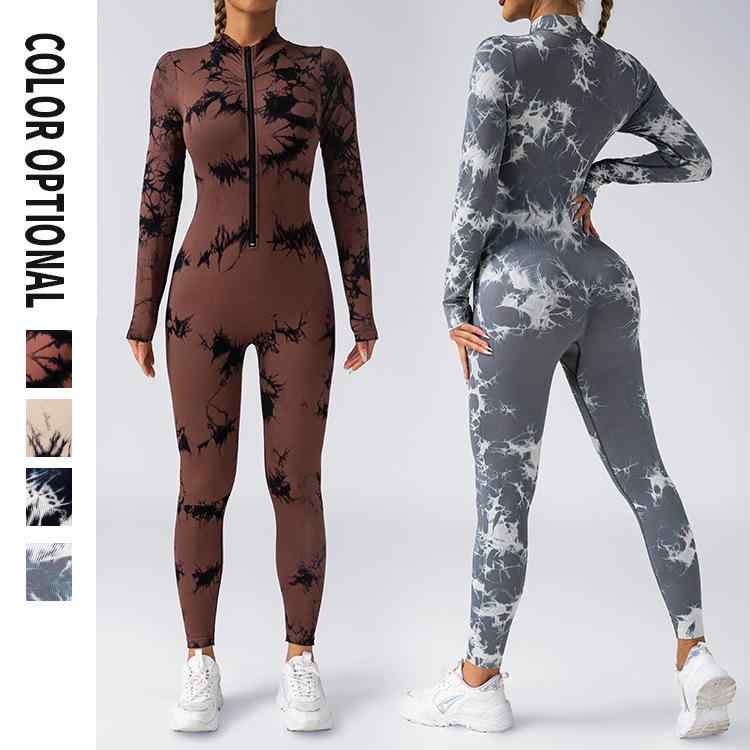 レディース ヨガウェア シームレス タイダイ柄 長袖 連体 長パン 胸パッド ジッパー ランニング フィットネス スポーツ ストレッチ 吸湿速乾 軽量 動きやすい トップス ボトムス セット