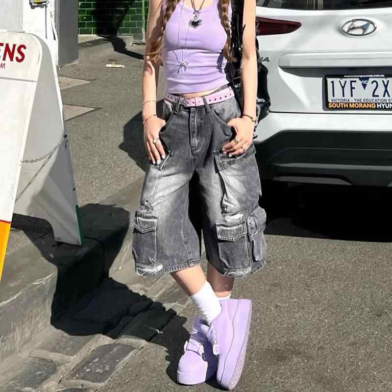 デニムパンツ 女性用 夏用 ヴィンテージ 加工 ストレート 7分丈 ダメージ ホール ポケット ダークグレー カジュアル ワークスタイル ウォッシュ加工 軽量 デニム素材 普段使い
