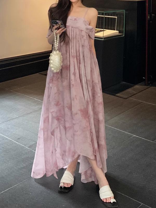 ワンピース レディース 花柄 シフォン ストラップ 夏用 フレンチ レトロ Aライン ロングドレス リゾート フリンジ 軽やか 揺れる 女性らしい シルエット ビーチ バカンス 向き 涼しい 着こなし