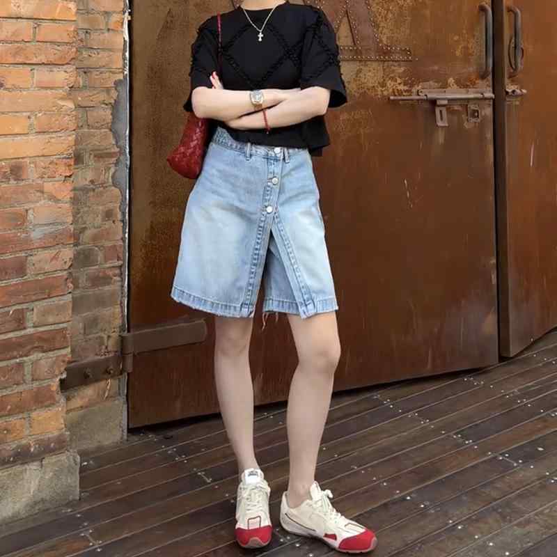 女性用 デニム ショートパンツ 夏 大きめサイズ ワイドレッグ 5分丈 スカートパンツ風 カジュアル スリム見せ フェイクツーピース デニム素材 伸縮性 軽量 通勤 普段使い