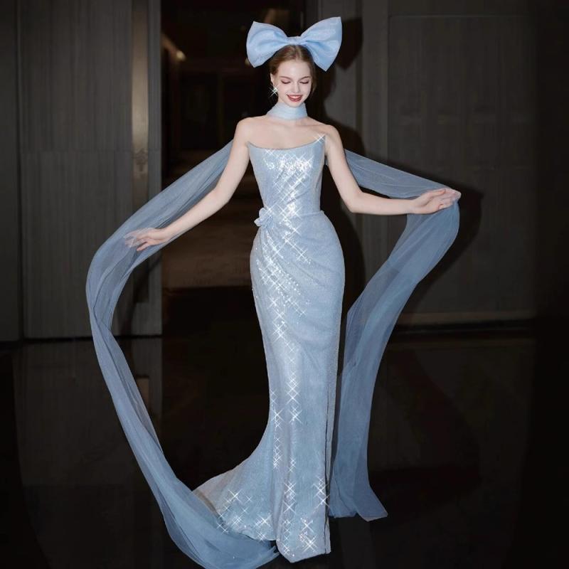 イブニングドレス レディース マーメイド フレンチスタイル 高級感 ブルー シークイン パーティー用 結婚式 トーストドレス ブライズ モーニングローブ 婚約ドレス 軽量 伸縮性 フォーマル イブニングパーティー シック 華やか｜FAIRYショップ