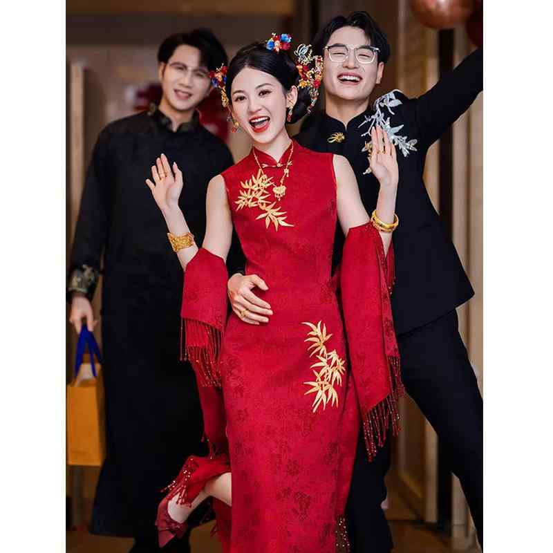 レディース チャイナドレス ウェディング 敬酒服 モーニングローブ 礼裙 ショール セット 結婚式用 婚約用 披露宴用 中華風 モダン |FAIRYショップ