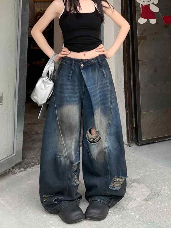 デニムパンツ レディース 大きめサイズ ウォッシュ加工 破れディテール ワイドレッグ ゆったりシルエット スリム効果 ストリートスタイル ロング丈 デニム素材 ストレッチ性 普段使い