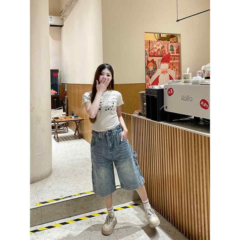 レディース デニム ショーツ 夏用 ゆったり ワイドレッグ クロップドパンツ ビンテージ レトロ アメリカンスタイル マルチポケット 大きめ サイズ 性 カジュアル 普段使い