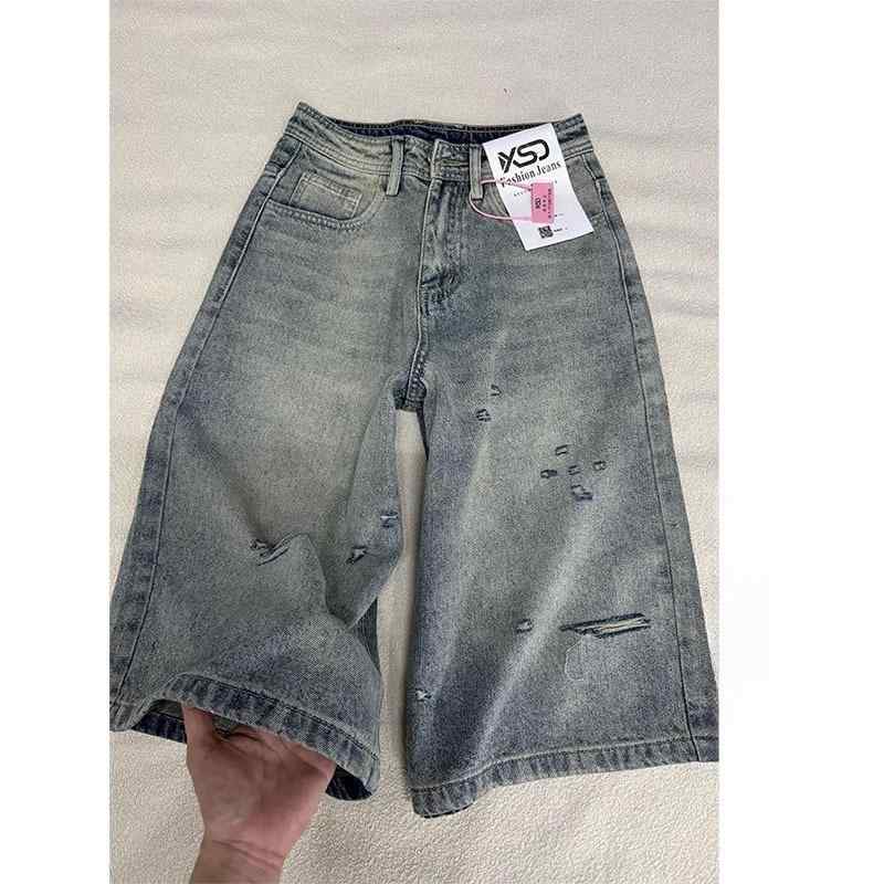 レディース デニム ショートパンツ ゆったり ワイドレッグ ビンテージ ダメージ ウォッシュ加工 七分丈 夏用 大きめサイズ カジュアル 普段使い 綿素材 軽量 伸縮性