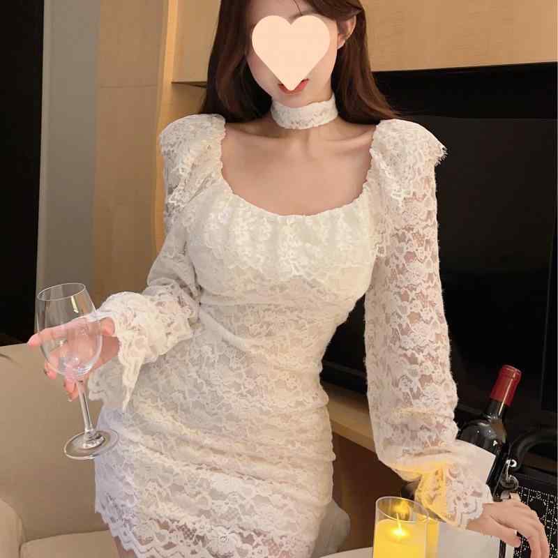 ワンピース レディース 秋冬 レース フリル チョーカー オフショルダー スリム 効果 ヒップハグ ミニ丈 フェミニン スタイル セクシー 伸縮性 素材 タイト シルエット