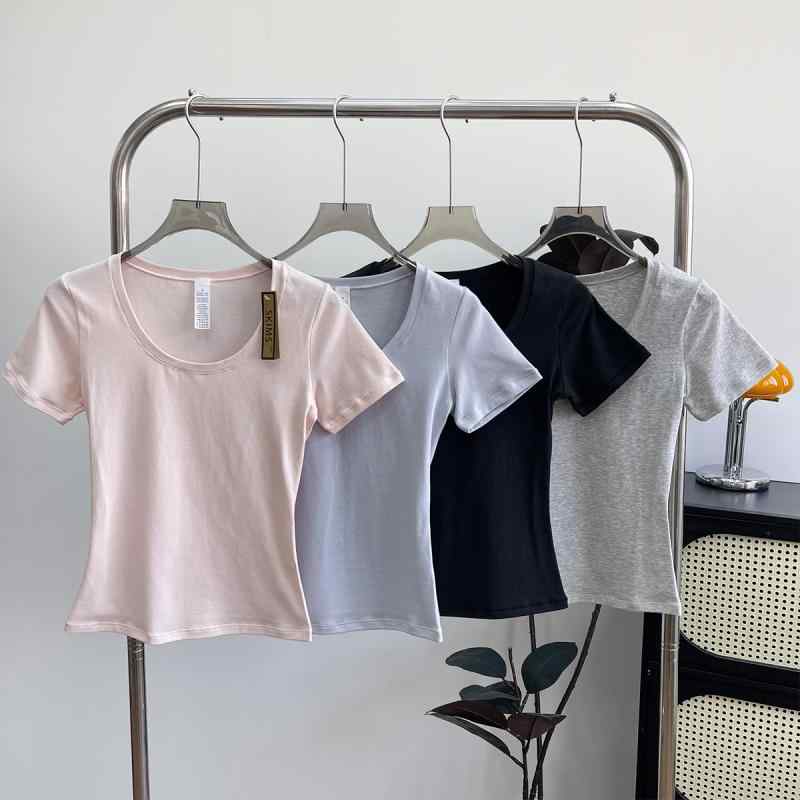 レディース Tシャツ Uネック 短袖 コットン ジャージー スリムフィット スタイリッシュ 無地 トップス 修身 低ネック 色 上衣