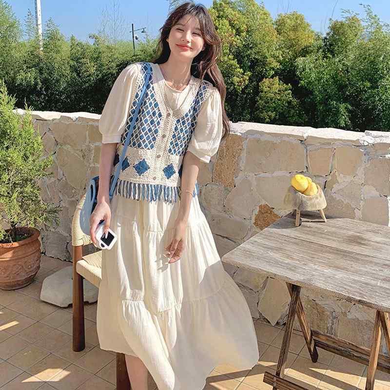 ワンピース 2点セット レディース デニム ベスト 付き 夏 韓国 ゆったり 体型カバー シンプル リゾート プリンセス ドレス カジュアル 爽やか シルエット バカンス スタイル