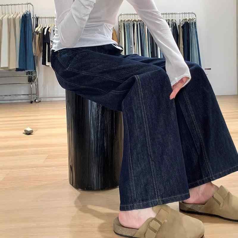 レディース 濃紺 デニムパンツ ストレート ハイウエスト ワイドレッグ ゆったり ビッグサイズ ぽっちゃり対応 スリム見せ 梨型ボディ 春秋 カジュアル 普段使い 伸縮性