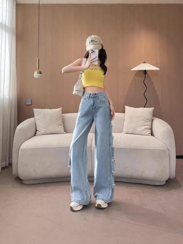 レディース デニムパンツ ハイウエスト ワイドレッグ 淡色 穴あき ゆったりシルエット スリム見せ 夏用 ストレート レッグ ロング丈 カジュアル ストリートファッション デニム素材 通勤 普段使い