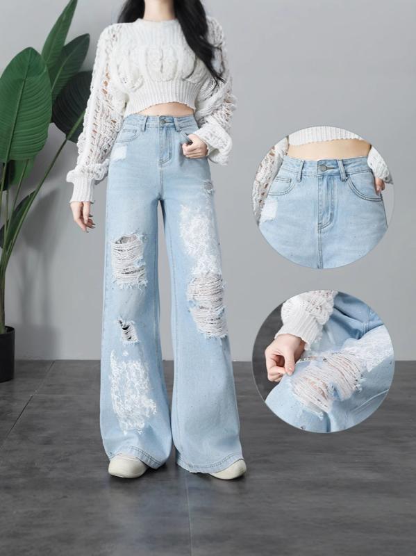 レディース 夏用 コットン デニムパンツ ワイドレッグ ビッグシルエット ハイウエスト スリム レース 切り替え ダメージ ストレート ロング丈 カジュアル 通気性