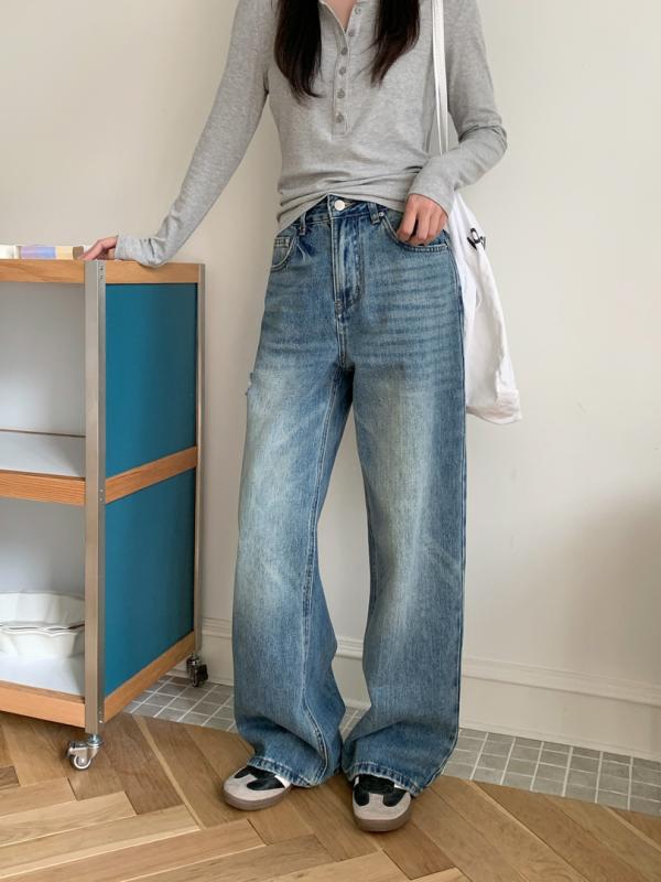 レディース デニムパンツ ハイウエスト フィット ストレートレッグ ダメージ ウォッシュド 細見え ゆったり カジュアル ボトムス 綿素材 普段使い ヒップ強調 下半身スリミング