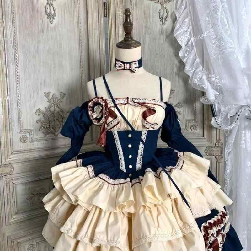 ロリータ 衣裳 お嬢さん用 レトロ 愛くるしい 表現スタイル オフショルダー 対照色つや 酉の方角シェイプ フラウンススコート 捏ち上げる 愛くるしい ふんわり 御召しもの 流行り物