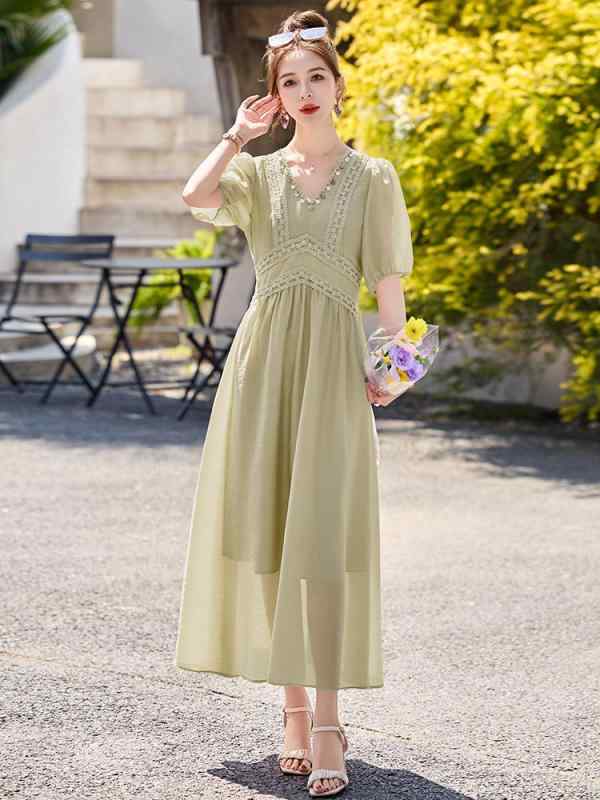 レディース ワンピース 短袖 Vネック ロング 夏用 かわいい スタイリッシュ 上品 軽量 伸縮性 吸湿速乾 通勤 普段使い｜FAIRYショップ 8,352円