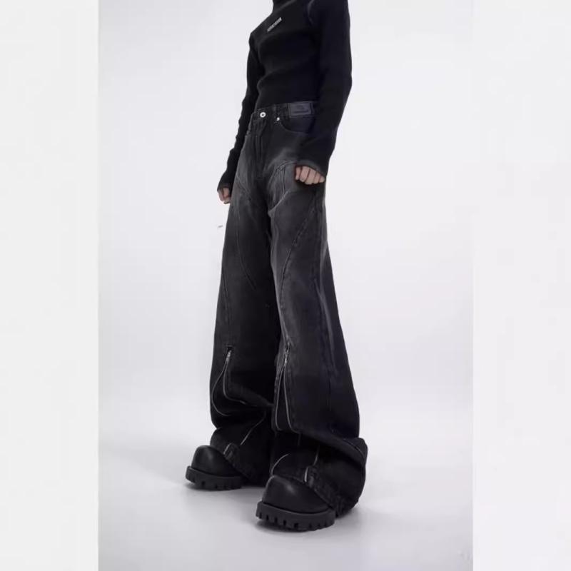 メンズ デニムパンツ ストリート ヒップホップスタイル ゆったり ストレート ジッパー 微フレア カジュアル 普段使い フィット