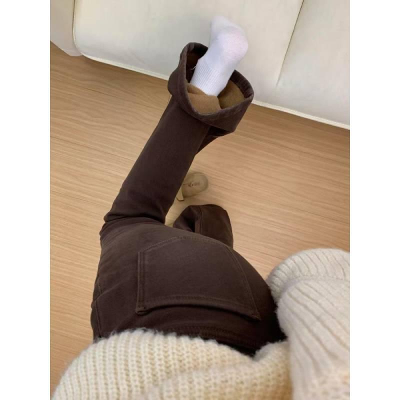 レディース 秋冬 厚手 デニムパンツ カーキ ハイウエスト フレア ストレッチ ぽっちゃり対応 ヒップカバー 暖か 裏地付き カジュアル 普段使い 再生デニム