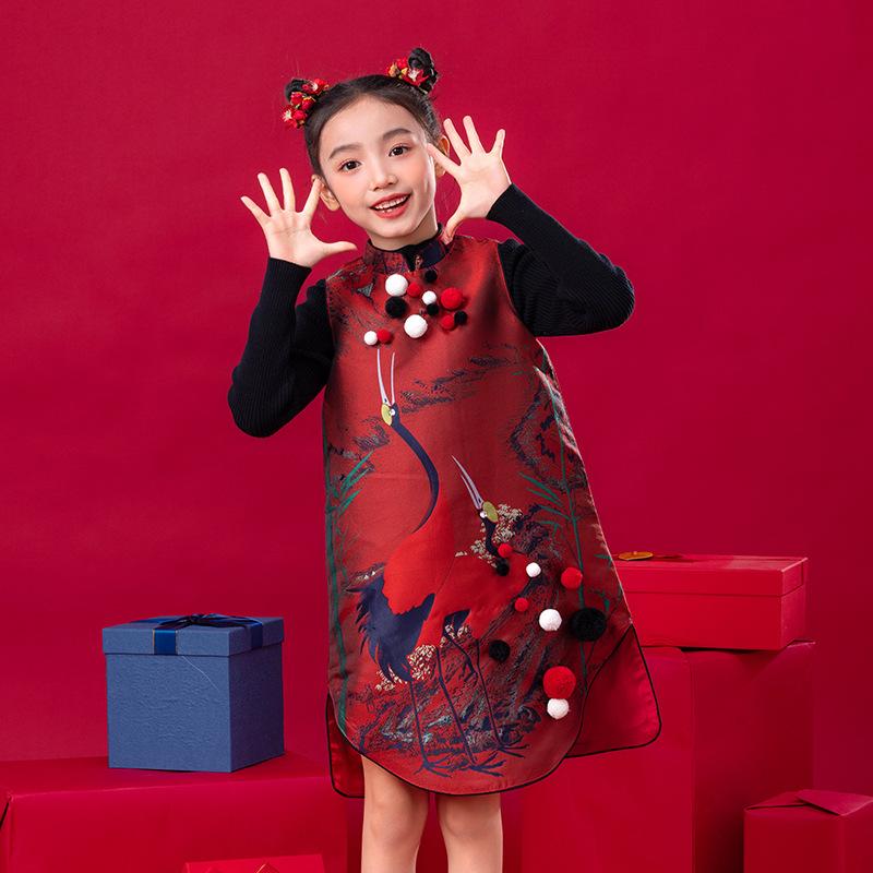 御嬢さん 秋冬 中国風 丹頂鶴柄 限りない スコート 仕掛ける 2点 中大大きさ ガールズ お正月服 寄りあい用 可愛らしい 今めかしい 生あたたかい原材料 綿織物混 ロングスコート A伝達ルート