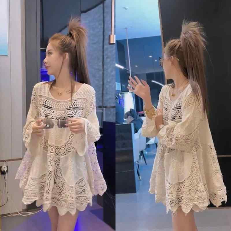 ワンピース レディース 春夏 ニット レース 透け ゆったり スリム フリル エスニック クロシェ かわいい 軽量 普段使い