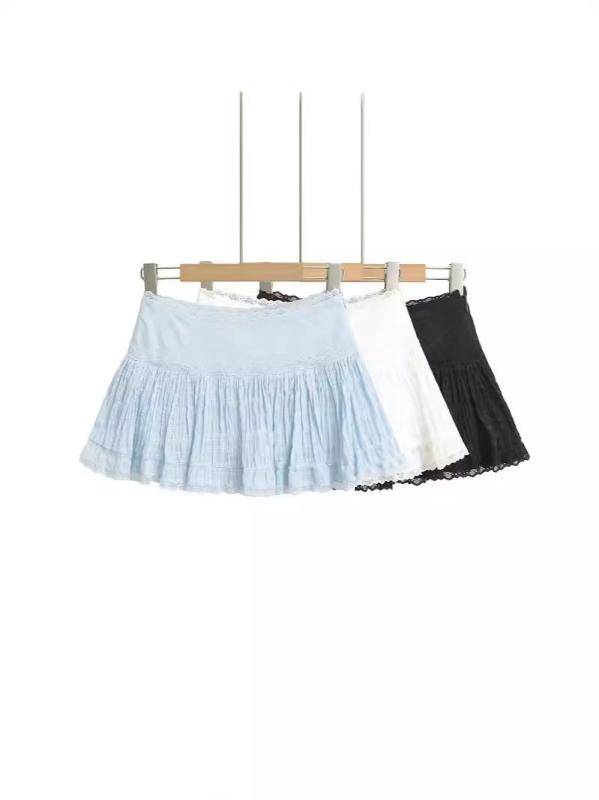 スカート レディース フレア ミニ Aライン レース フリル プリーツ 夏用 防透け かわいい 少女風 軽量 通気性 コットン混 膝上丈 ギャザー 花柄風 ピンク系 アイボリー ベージュ