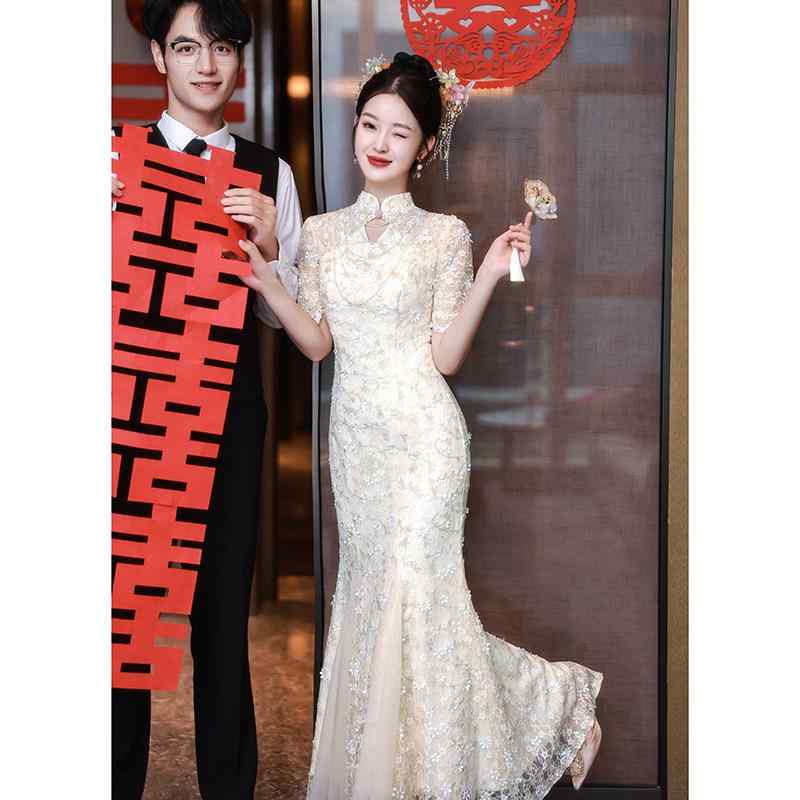 レディース 瀬戸ものお召しもの 今めかしい 中国風 魚尾スコート 花嫁御寮用 婚礼の儀 敬酒服 エンゲージメント寄り合い 礼服 御前上等感 窈窕たる 相応う影ぼうし ウェディングドレス-レディースファッション