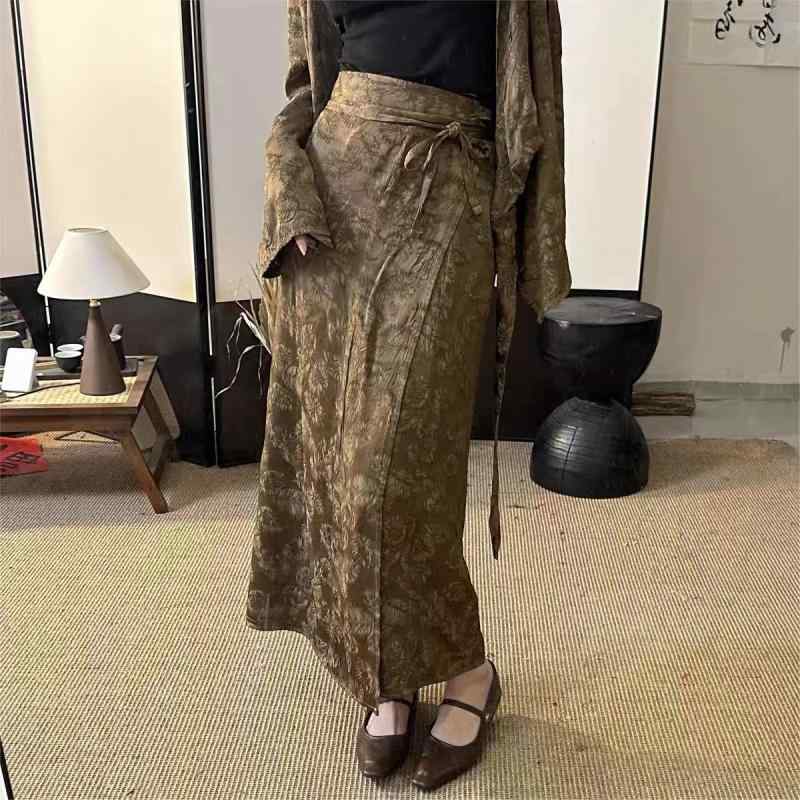 レディース スカート 中華風 ハイウエスト ラップ ミディ レトロ 織り柄 スタイルアップ 高級感 夏用 軽量 通勤 普段使い エレガント
