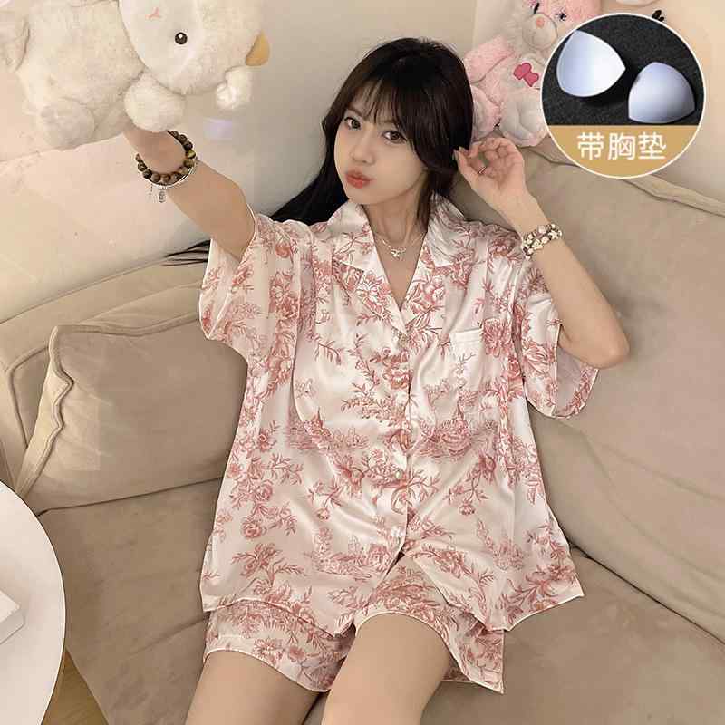 女性用 夏 薄手 接触冷感 胸パッド付き 開襟 水墨画柄 パジャマ ルームウェア 2点セット 部屋着 寝間着 吸湿速乾 軽量
