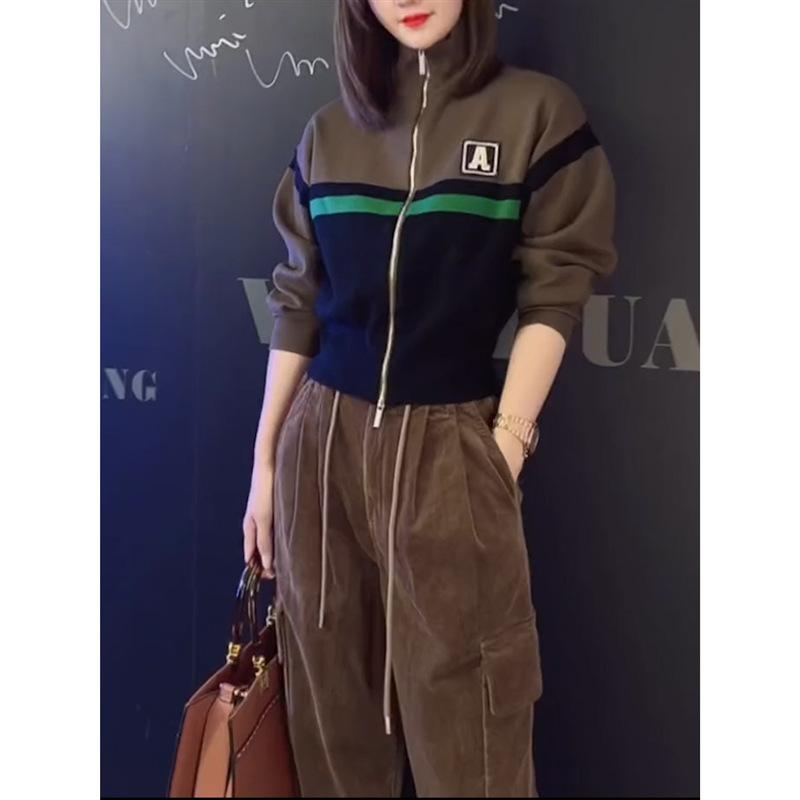 レディース ハイネック 切り替え スウェット セット 春 ショート丈 ジッパー アウター ワークパンツ カジュアル 普段使い ゆったり スタイリッシュ 軽量 伸縮性