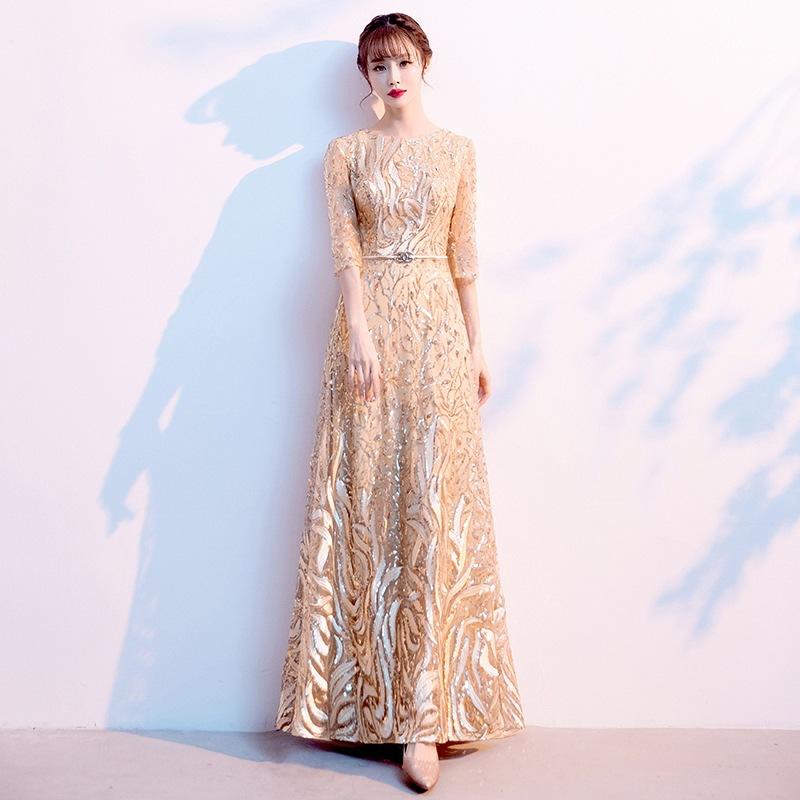 イブニングドレス 女性用 金色 ロング丈 高級感 パーティー パーティー 司会者 ステージ 合唱団 演出服 フォーマル ワンピース 魅惑的 気品 ロングドレス