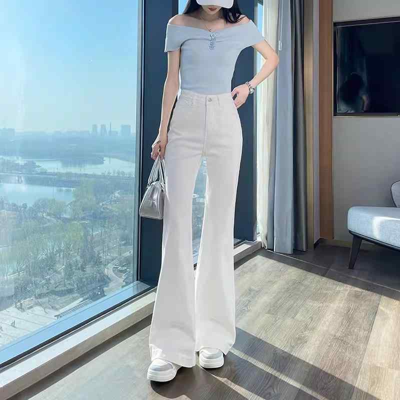 レディース デニムパンツ ホワイト ハイウエスト ストレート 微フレア ワイドレッグ ロングパンツ ストレッチ素材 スリムフィット 小柄対応 軽量 普段使い 綿混 再生繊維